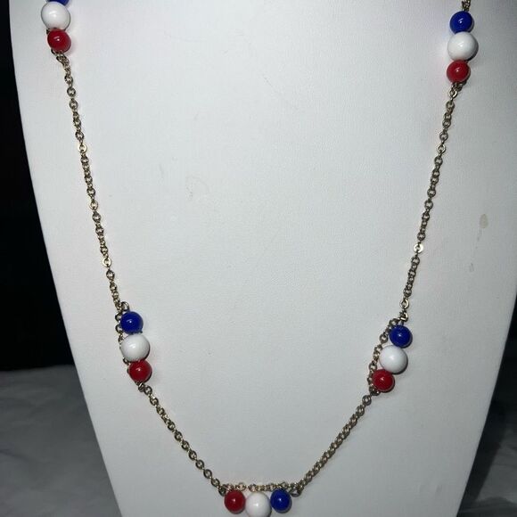 Sara Coventry Vintage Red Whit and Blue Gold Tone Necklace and Clip Earrings Set - Picture 2 of 8